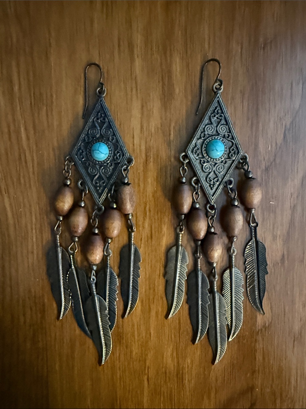 Turquoise Look Boho Feather Dangle Statement Earrings